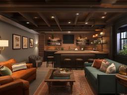 The basement highlights vintage interior design with a mix of comfortable furnishings, vintage decor, and warm colors that create a cozy space for entertainment and relaxation.  