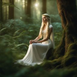 galadriel silverleaf, an elf druid, is communing with ancient spirits in a mystical forest glade. 