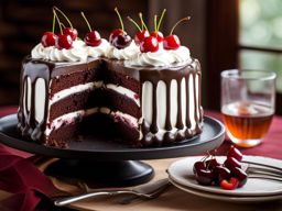 black forest cake with cherries and whipped cream, relished at a romantic chalet. 