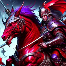 githyanki warrior, wielding a silver greatsword and riding a red dragon into battle. 