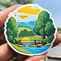 Sunny Day by the River Emoji Sticker - Riverside bliss under a clear blue sky, , sticker vector art, minimalist design