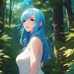 girl with blue hair, wearing a simple tight white dress, in a forest, sunny, detailed  front facing ,centered portrait shot, cute anime color style, pfp, full face visible