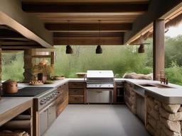 In the outdoor kitchen, Wabi Sabi interior design showcases rustic materials, simple furnishings, and an organic aesthetic that enhances cooking and entertaining experiences in a tranquil setting.  