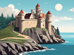 Medieval stone castle by the sea clipart.  vector style illustration, white background