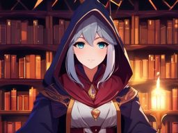 Mysterious mage in a hidden arcane library.  front facing ,centered portrait shot, cute anime color style, pfp, full face visible