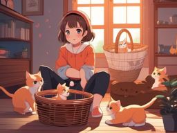 Adorable anime girl with bright eyes and a basket of playful kittens, playing with them in a cozy room, as a matching pfp for friends. wide shot, cool anime color style