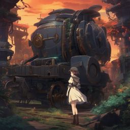 An anime girl with a knack for ancient relics embarks on a quest to unravel the secrets hidden within a mechanical beast graveyard.  retro style, anime art