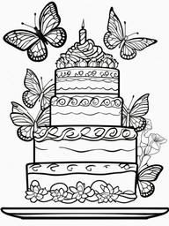 Birthday Cake with Butterflies Coloring Pages - Cake Decorated with Colorful Butterflies  minimal black outline printable sheet, coloring page