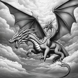 dragon coloring pages - two dragons engage in an epic aerial battle amid stormy clouds. 