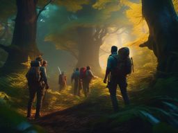 Group of explorers ventures into cursed forest seeking mythical treasure. hyperrealistic, intricately detailed, color depth,splash art, concept art, mid shot, sharp focus, dramatic, 2/3 face angle, side light, colorful background