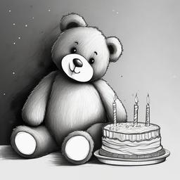 drawing of a teddy bear with a birthday cake  minimal rough sketch scribbles,doodles,black and white