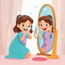 Brush Teeth clipart - Kid brushing teeth in front of a mirror.  vector style illustration, white background