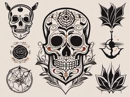 Halloween Traditional Tattoo - Traditional-style tattoo with classic Halloween motifs.  simple color tattoo,minimalist,white background