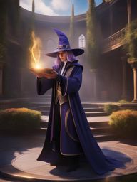 dark magician apprentice magician practicing spells in a magical academy courtyard. 