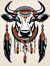 Cow with dreamcatcher tattoo: Native American elements, symbolic protection.  simple color tattoo style