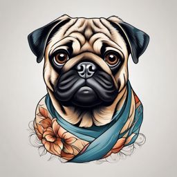 Pug tattoo: Adorable Pug, showcasing its distinctive wrinkled face and playful spirit.  color tattoo style, minimalist, white background