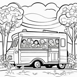 Ice cream truck with happy children around it  simple coloring pages