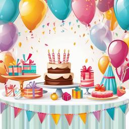 Party table with a cake and gifts clipart.  vector style illustration, white background