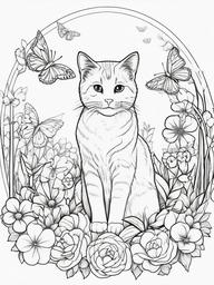 Kitty with Butterflies and Flowers Coloring Pages - Kitten Surrounded by Nature  minimal black outline printable sheet, coloring page