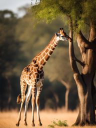 sweet baby giraffe, with its long neck reaching for leaves on a tree. 