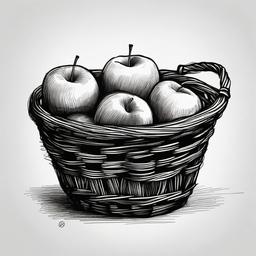 drawing of an apple in a basket  minimal rough sketch scribbles,doodles,black and white