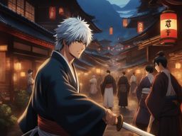 gintoki wields his wooden sword with deadly precision amidst a bustling, edo-era town. 