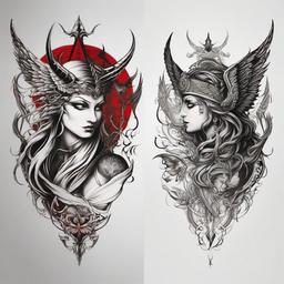 Tattoos of Demons and Angels-Unique and symbolic tattoos featuring both demons and angels, capturing themes of duality.  simple color tattoo,white background