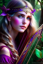 elven bard with a melodic harp, enchanting listeners with magical music. 
