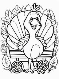 Turkey with a Wagon Full of Leaves Coloring Pages - Playful Turkey in Autumn Fun  minimal black outline printable sheet, coloring page