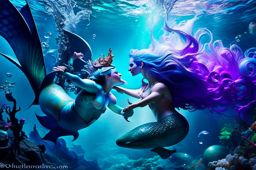 mermaid vs triton - underwater royalty engage in an oceanic dance-off, melodies and aquatic acrobatics filling the depths. 