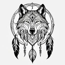 Dream Catcher with Wolf Tattoo - Tattoo combining a dream catcher with a wolf.  simple vector tattoo,minimalist,white background