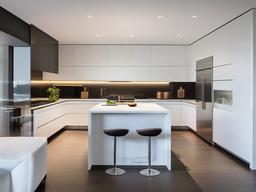 Minimalist white kitchen with Sub-Zero built-in refrigerator, Caesarstone countertops, and Miele stainless steel appliances.  