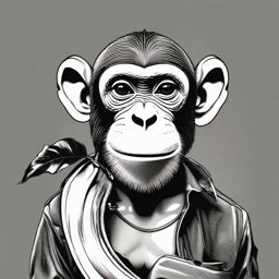 Monkey with banana tattoo. Comical jungle pairing.  black white tattoo style, minimalist design,white background
