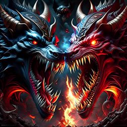 cerberus vs hydra - multi-headed monsters confront each other at the gates of the underworld, venomous breath and fiery roars. 