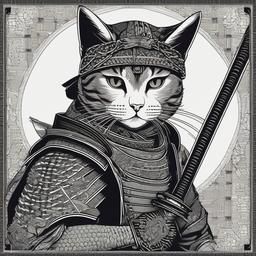 samurai cat blackwork style
