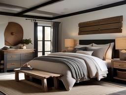 Modern Rustic bedroom blends comfortable furnishings with rustic wood accents and cozy textiles for a stylish yet inviting retreat.  