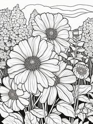 Tithonia coloring page sheet - Tithonia flowers lighting up a corner of a garden with warm orange.  black outline printable coloring page