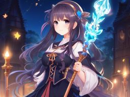 Kawaii anime girl with a magical staff.  front facing ,centered portrait shot, cute anime color style, pfp, full face visible