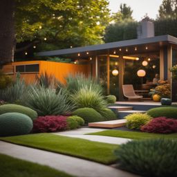 Retro Mid-Century Modern Garden - Design a garden with a touch of retro mid-century modern style. realistic, professional photography, bokeh, natural lighting, canon lens, shot on dslr 64 megapixels sharp focus