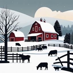 Snowy Farm Scene clipart - Snowy farm with barn and animals, ,vector color clipart,minimal