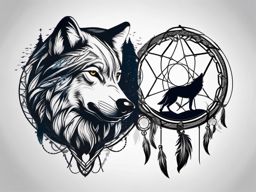 Wolf Dreamcatcher Tattoo,dreamcatcher entwined with a wolf, symbol of protection and warding off nightmares. , tattoo design, white clean background