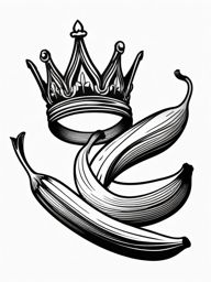 Banana peel with a crown ink. Regal fruit elegance.  black white tattoo style, minimalist design,white background