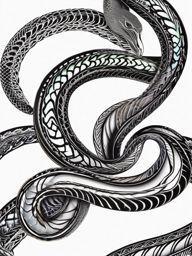 Coiled black mamba tattoo. Sinuous elegance in ink.  color tattoo, white background