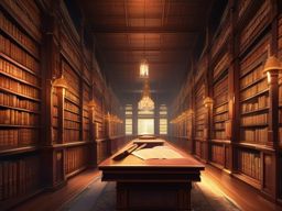Dusty library filled with ancient scrolls. anime, wallpaper, background, anime key visual, japanese manga