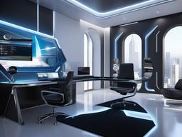 The home office exemplifies futuristic interior design, featuring a high-tech workstation, ergonomic furniture, and interactive elements that inspire productivity and creativity.  