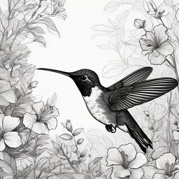 drawing of a hummingbird in a garden full of flowers  minimal rough sketch scribbles,doodles,black and white