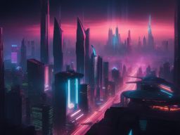 futuristic cyberpunk cityscape with towering skyscrapers and neon-lit streets. 