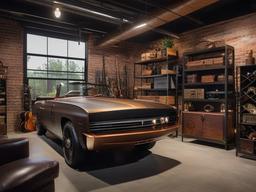 The garage features steampunk interior design with organized storage solutions, vintage decor, and industrial accents that make the space both functional and visually interesting.  