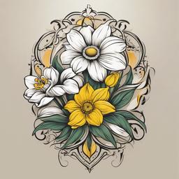 Daisy and Daffodil Tattoo-Symbolization of innocence and new beginnings with a tattoo featuring daisies and daffodils, capturing the essence of freshness.  simple vector color tattoo