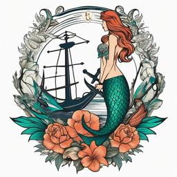 Anchor and Mermaid Tattoo - Combine maritime elements with a mermaid in a tattoo featuring an anchor.  simple vector color tattoo,minimal,white background